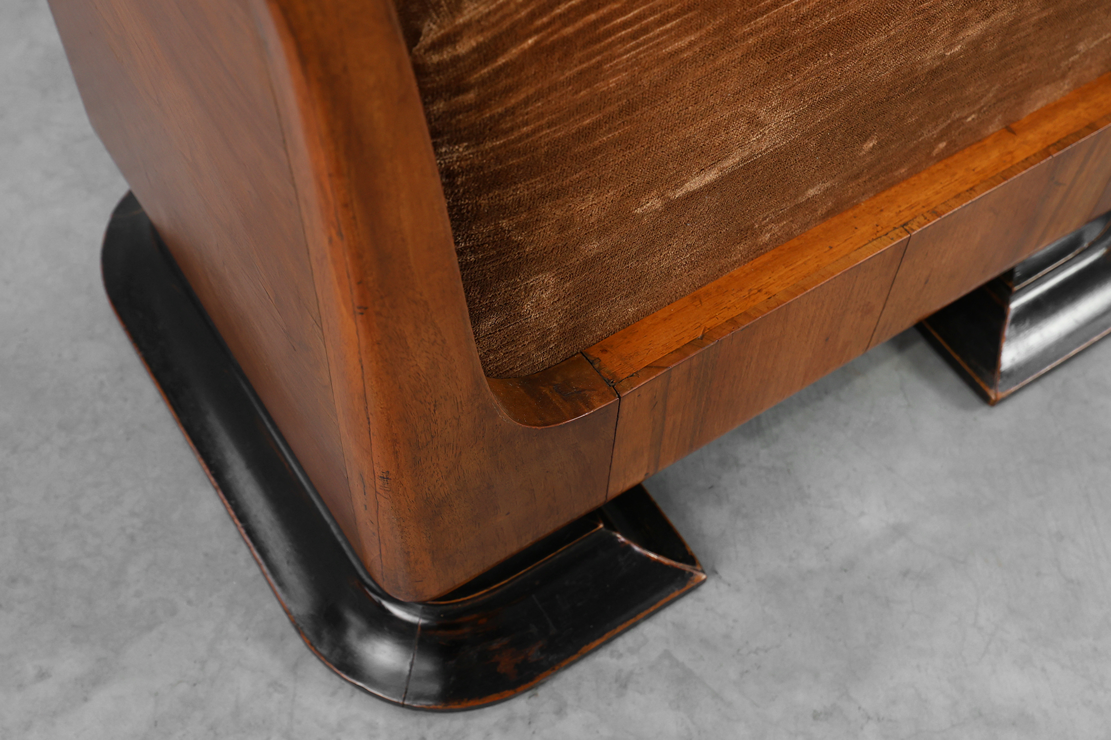 Art Deco Walnut Stool with Original velvet Upholstery, Italy ca. 1920thumbnail